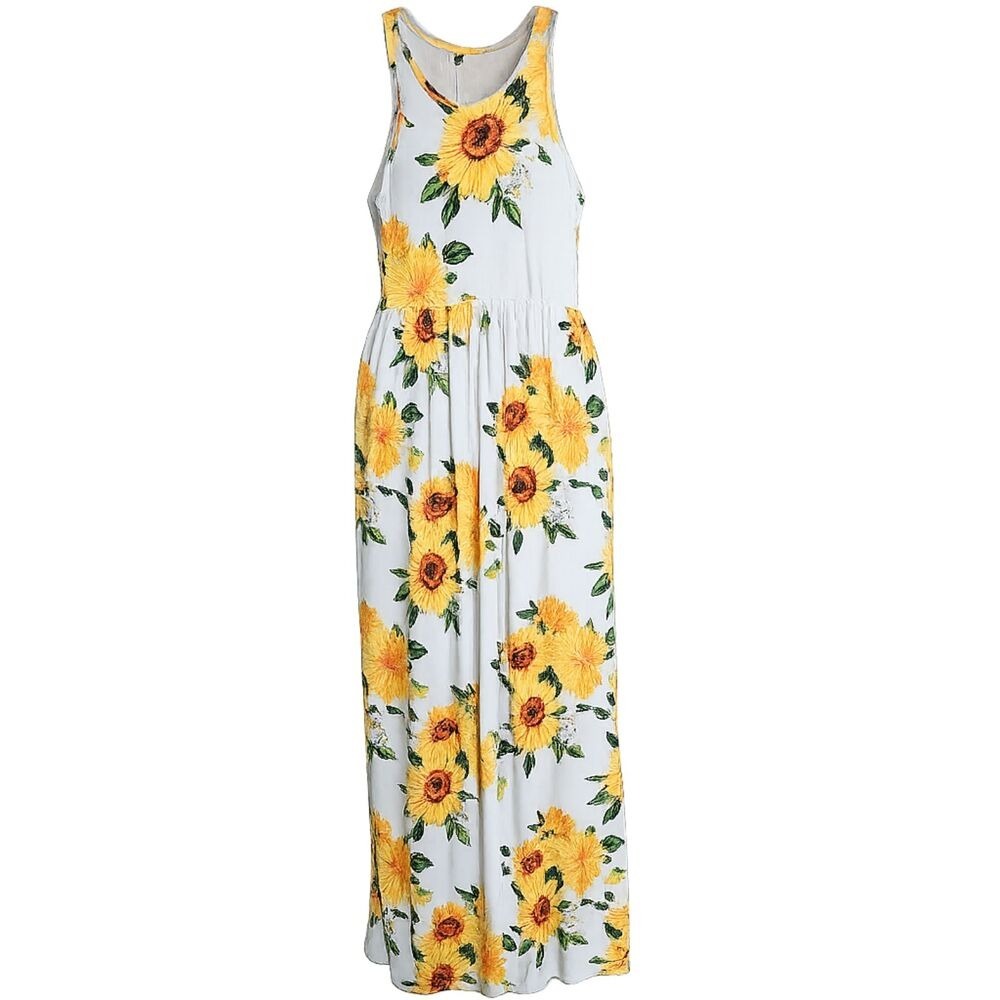 NWT Sunflower Floral Button-Front Maxi Dress Women's S Elastic Waist Casual Sun